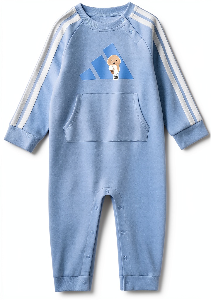 Adidas baby boys overalls in Glow Blue showing front design and snap closures