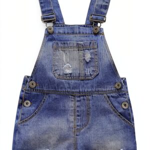 Baby Denim Overalls Ripped Design Adjustable Straps Toddler-0